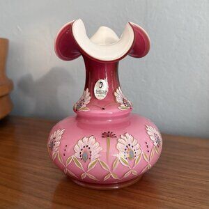 Fenton Connoisseur Collection "Alhambra" vase on Wild Rose Overlay Glass 1998